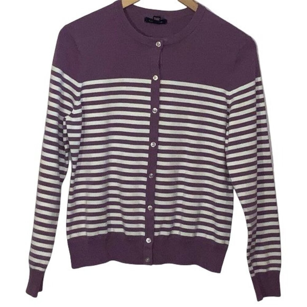 Purple & White Striped Button-Up Cardigan Sweater